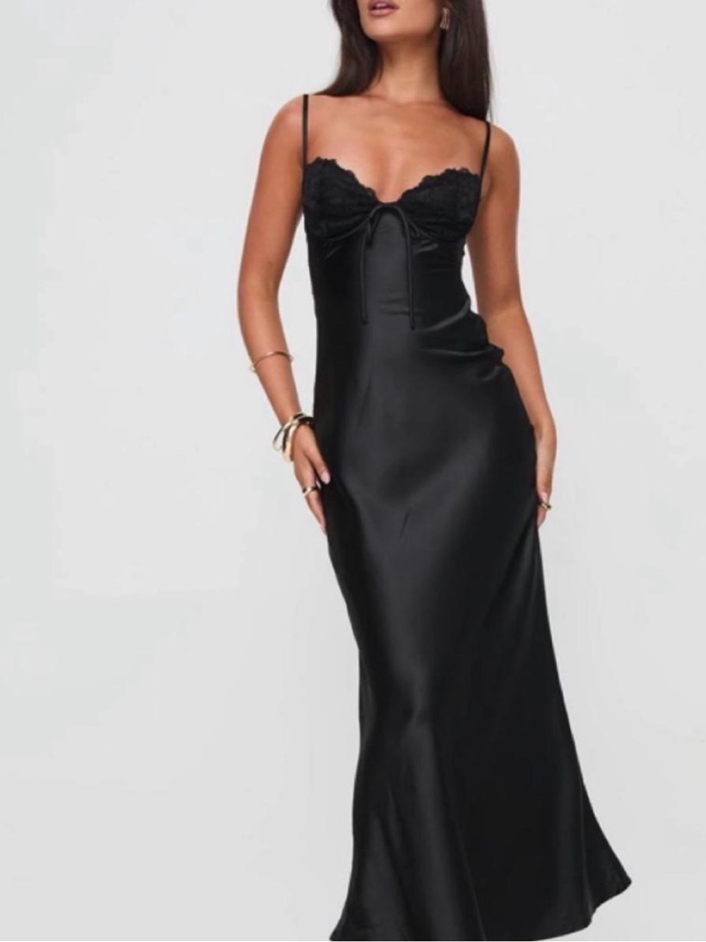 Princess Polly Black Satin Lace Trim Slip Maxi Dress (US 6 / EU 38)